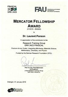 Certificate for the FRASCAL's Mercator Fellow Laurent Ponson (Image: A. Dakkouri-Baldauf)